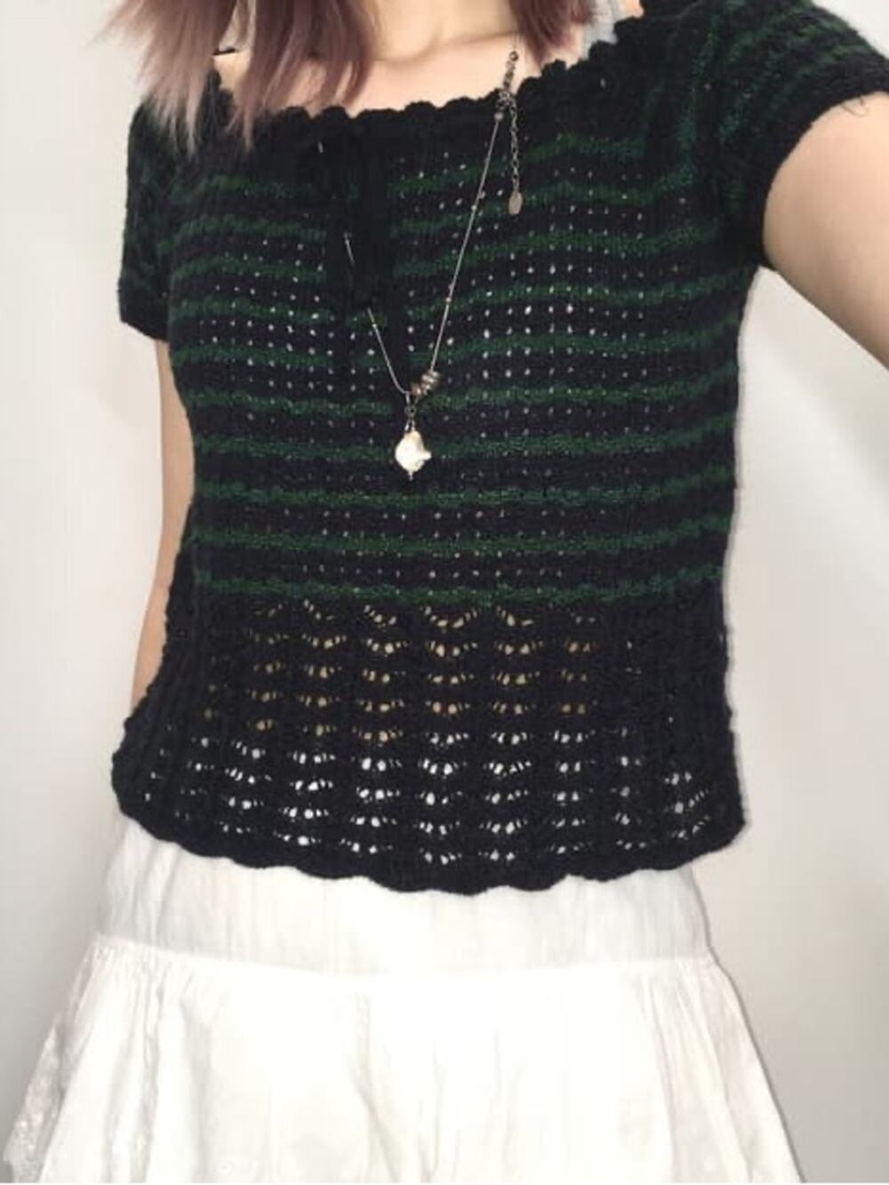 Black and Dark Green Striped Knit Short-Sleeve Top